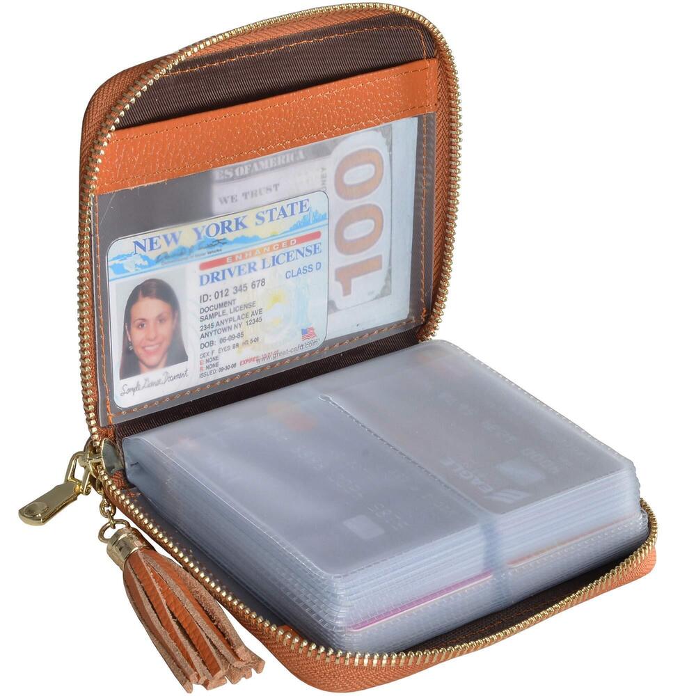 4925 Credit Card Holder Wallet Zip Leather Card Case RFID Blocking Brown